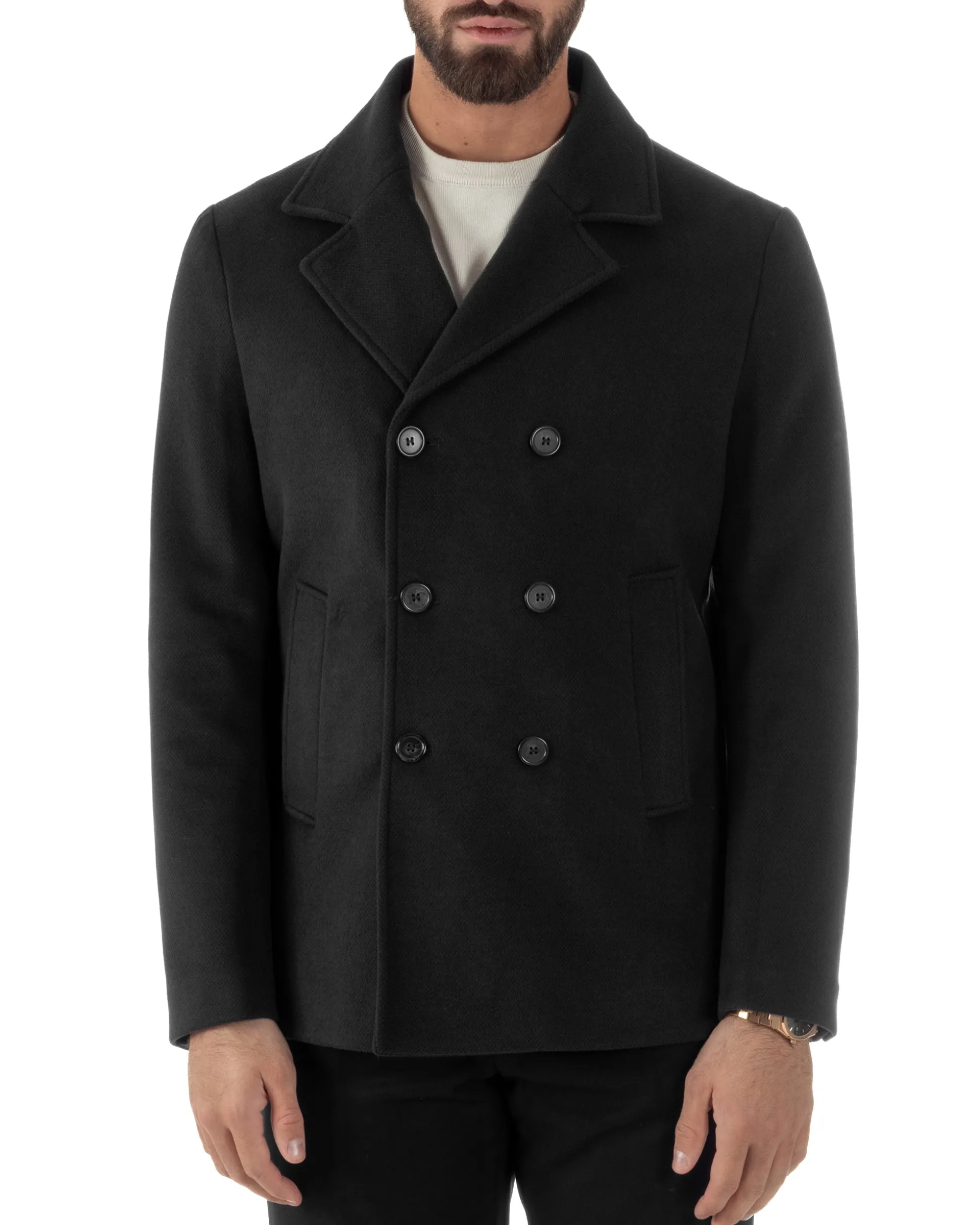 Cappotto Uomo Corto Doppiopetto Martingala Giaccone In Panno Nero CO1100A