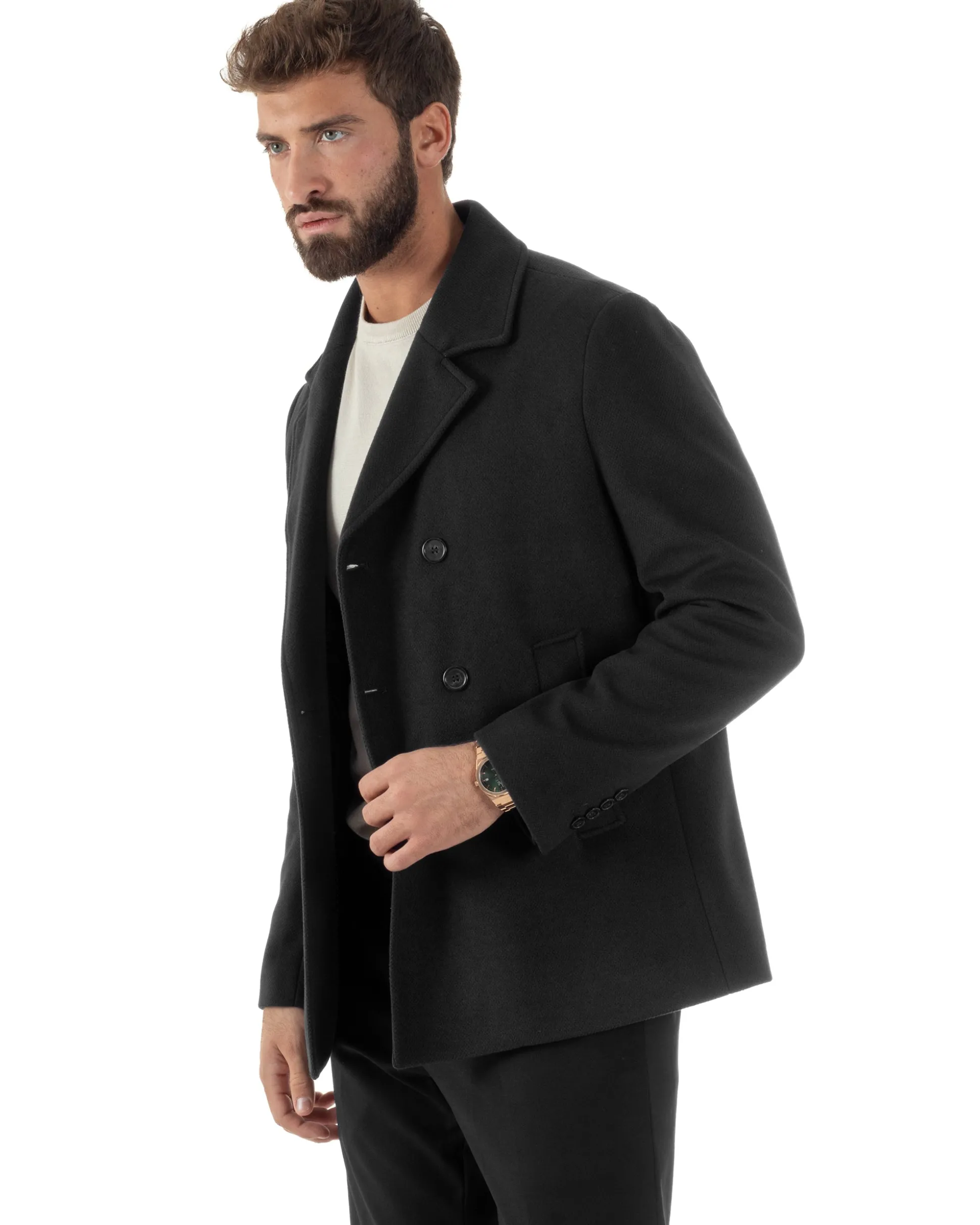Cappotto Uomo Corto Doppiopetto Martingala Giaccone In Panno Nero CO1100A