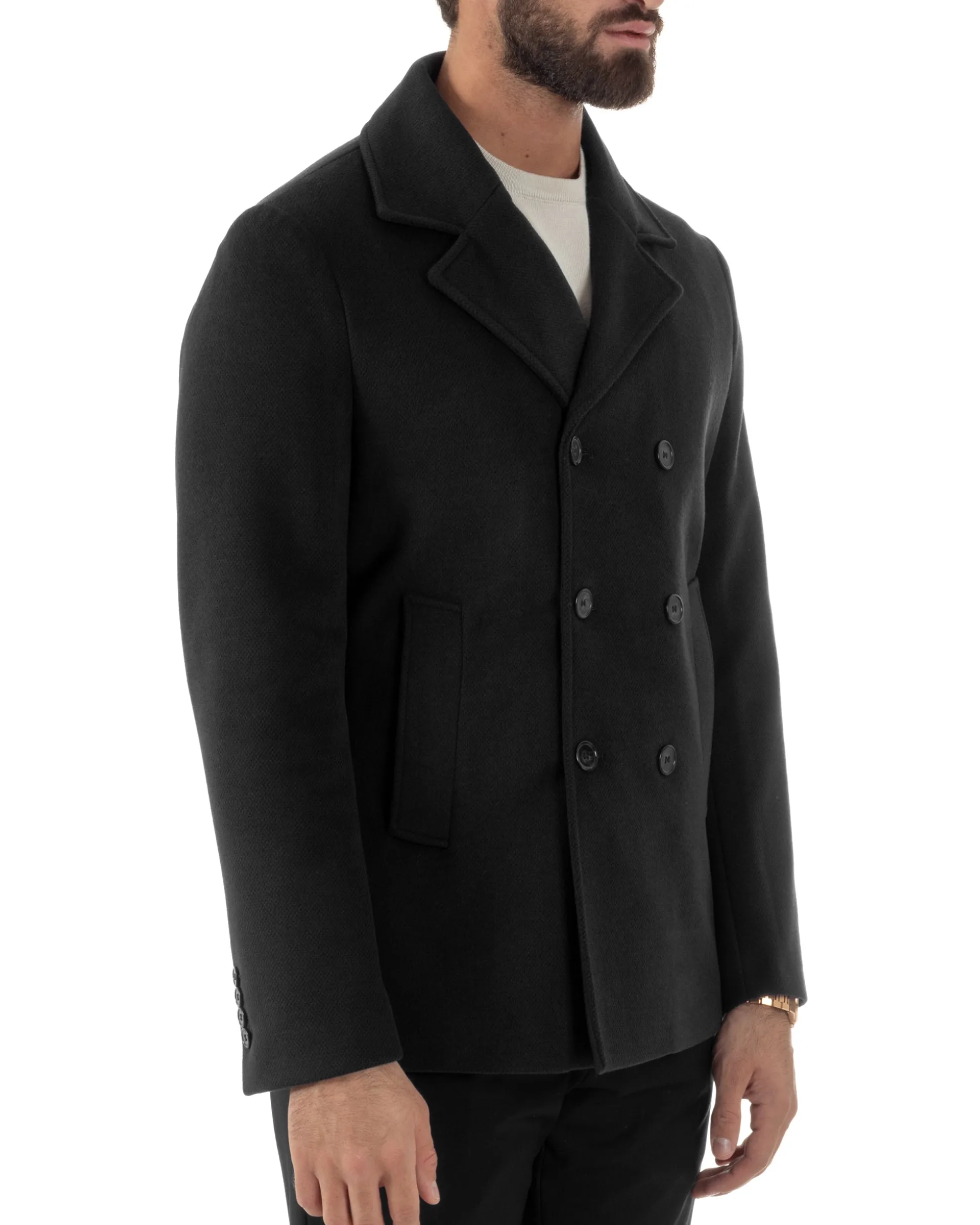 Cappotto Uomo Corto Doppiopetto Martingala Giaccone In Panno Nero CO1100A