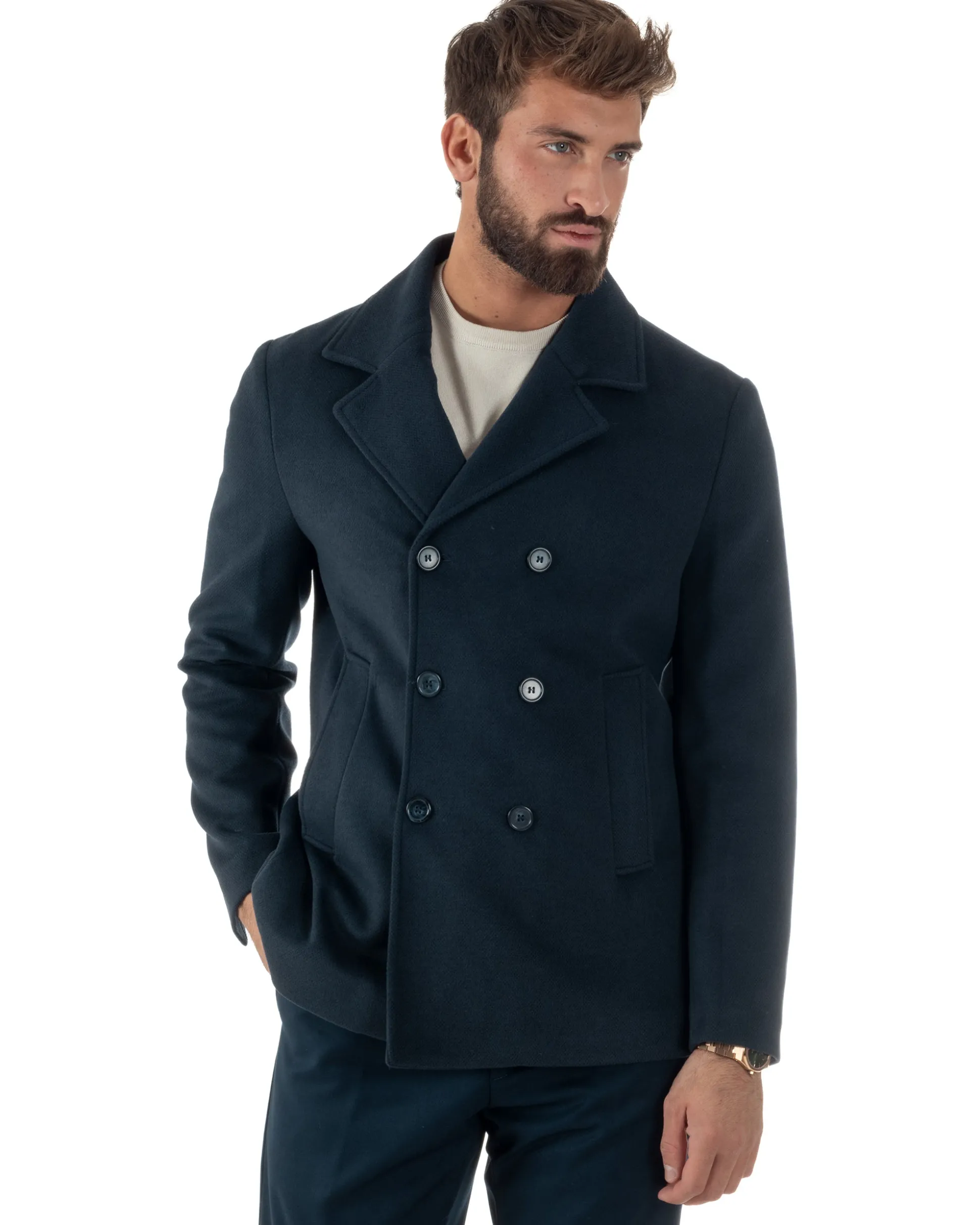 Cappotto Uomo Corto Doppiopetto Martingala Giaccone In Panno Blu CO1099A