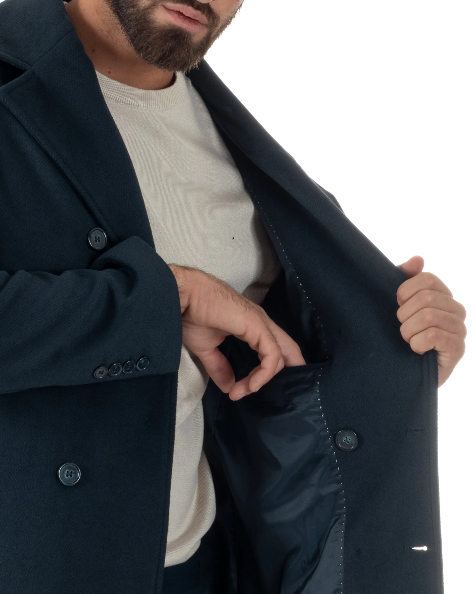 Cappotto Uomo Corto Doppiopetto Martingala Giaccone In Panno Blu CO1099A
