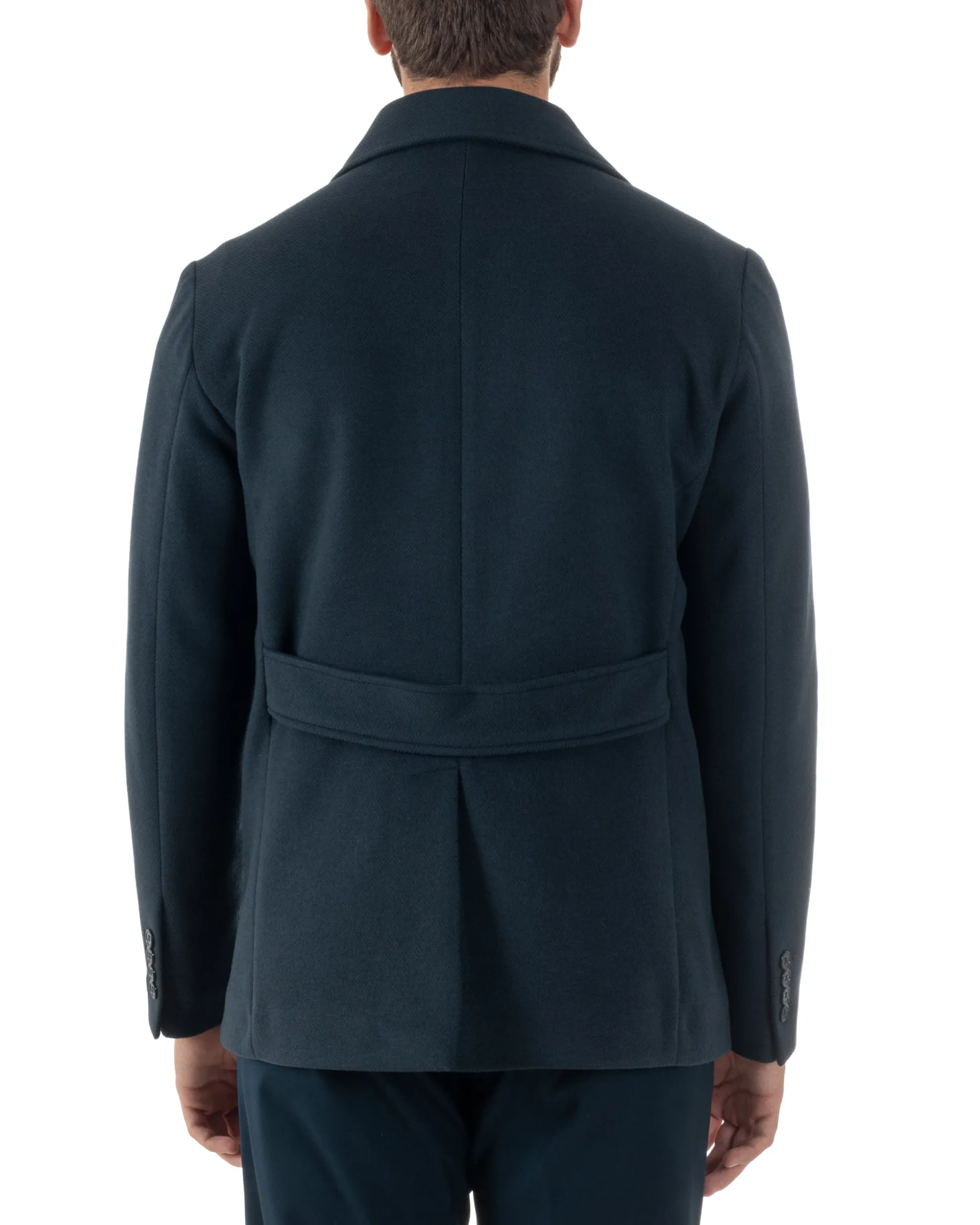 Cappotto Uomo Corto Doppiopetto Martingala Giaccone In Panno Blu CO1099A