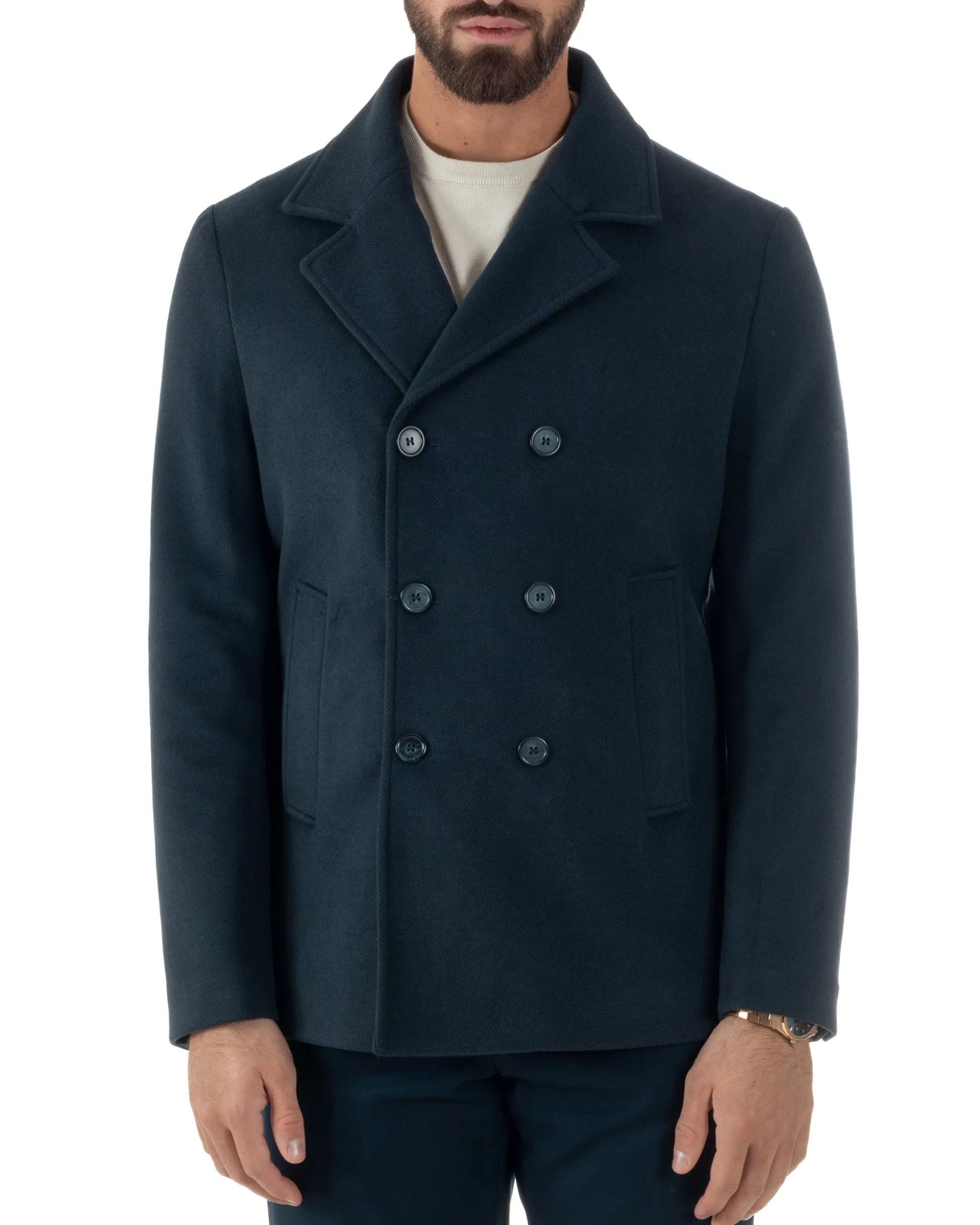 Cappotto Uomo Corto Doppiopetto Martingala Giaccone In Panno Blu CO1099A