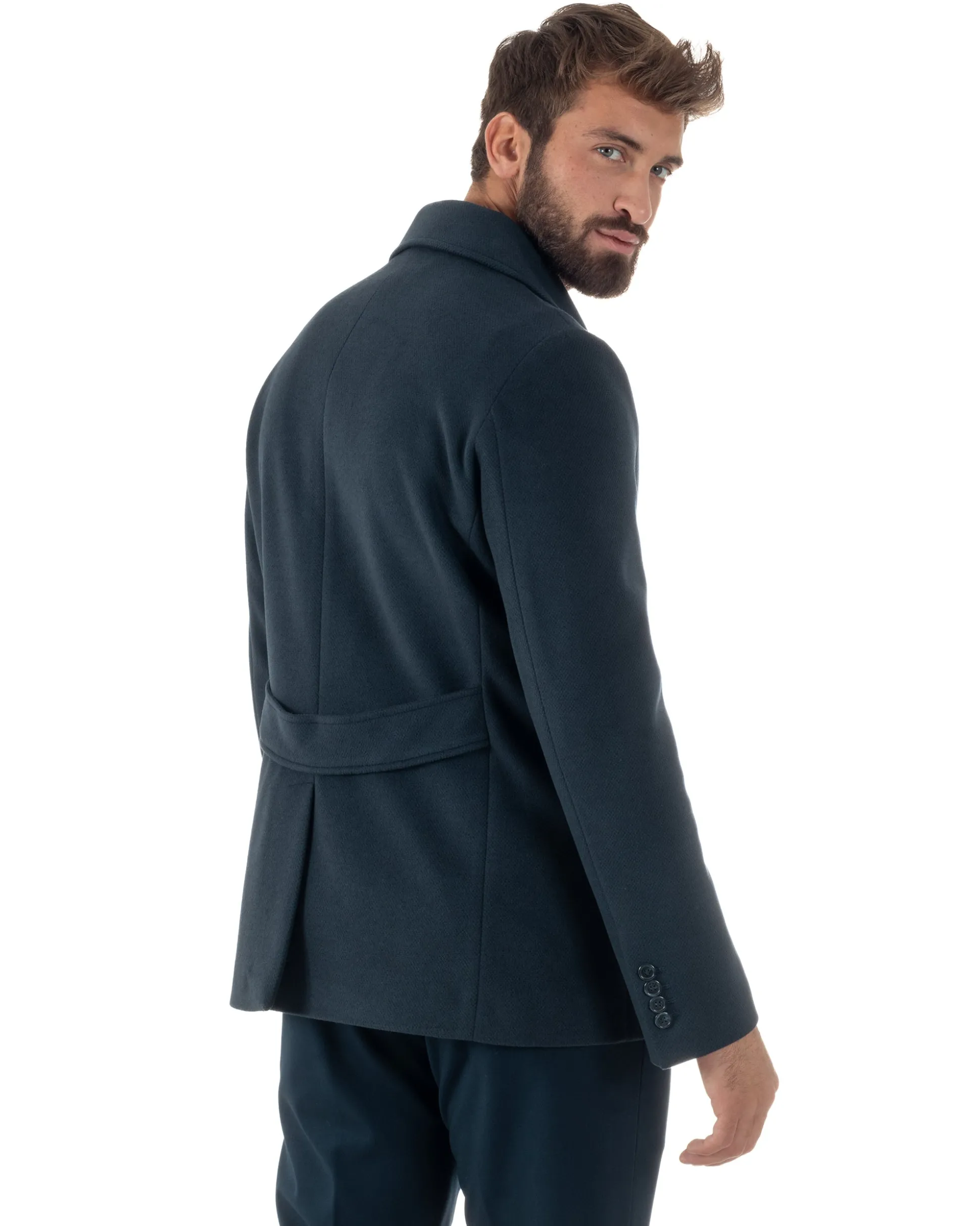 Cappotto Uomo Corto Doppiopetto Martingala Giaccone In Panno Blu CO1099A