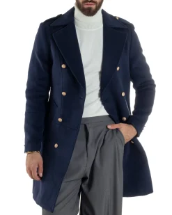 Cappotto Uomo Doppiopetto Lungo Revers A Lancia Tessuto Panno Bottoni Oro Blu CO1081A