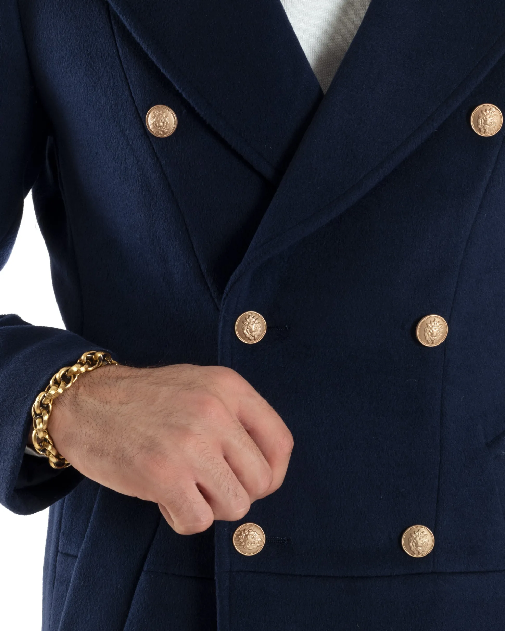 Cappotto Uomo Doppiopetto Lungo Revers A Lancia Tessuto Panno Bottoni Oro Blu CO1081A