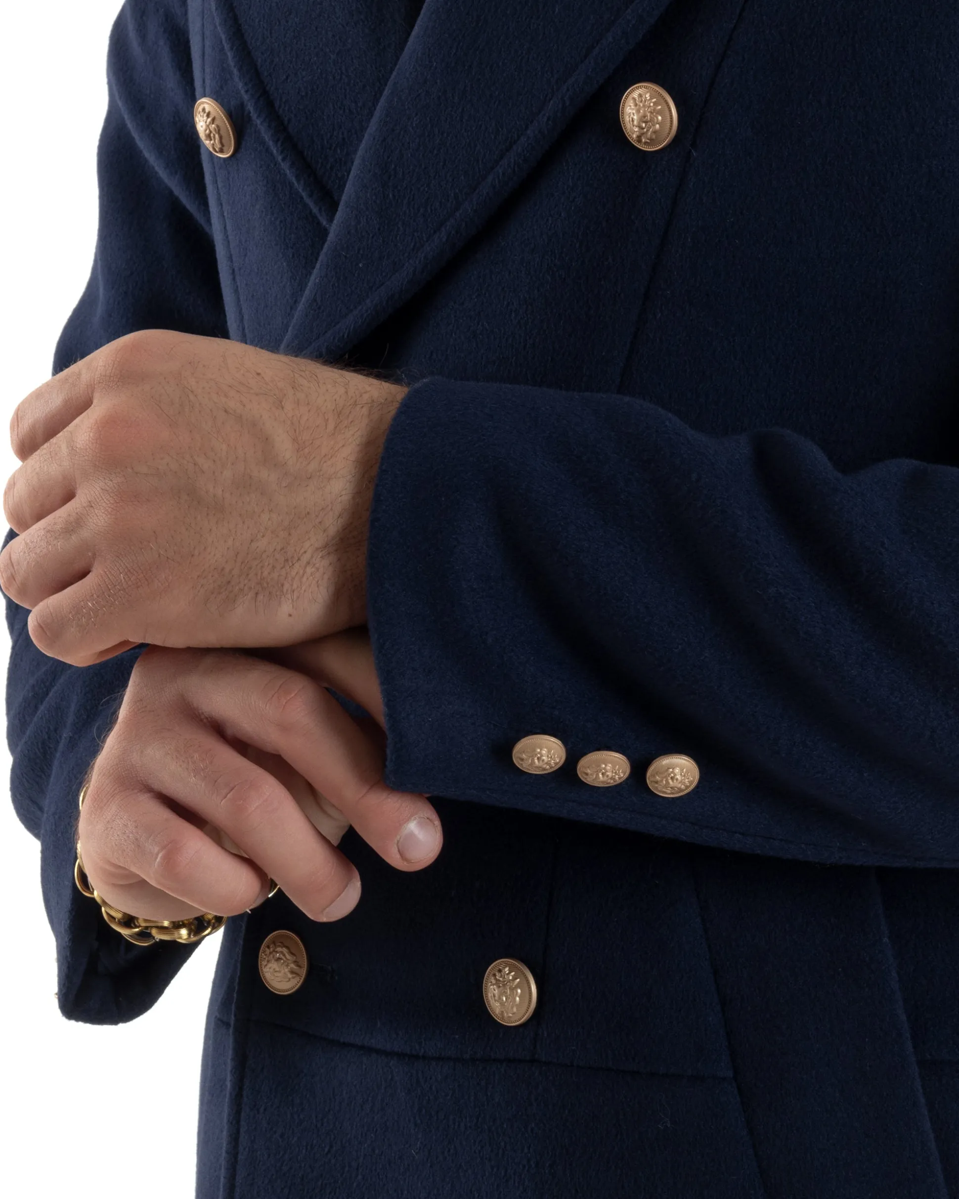 Cappotto Uomo Doppiopetto Lungo Revers A Lancia Tessuto Panno Bottoni Oro Blu CO1081A