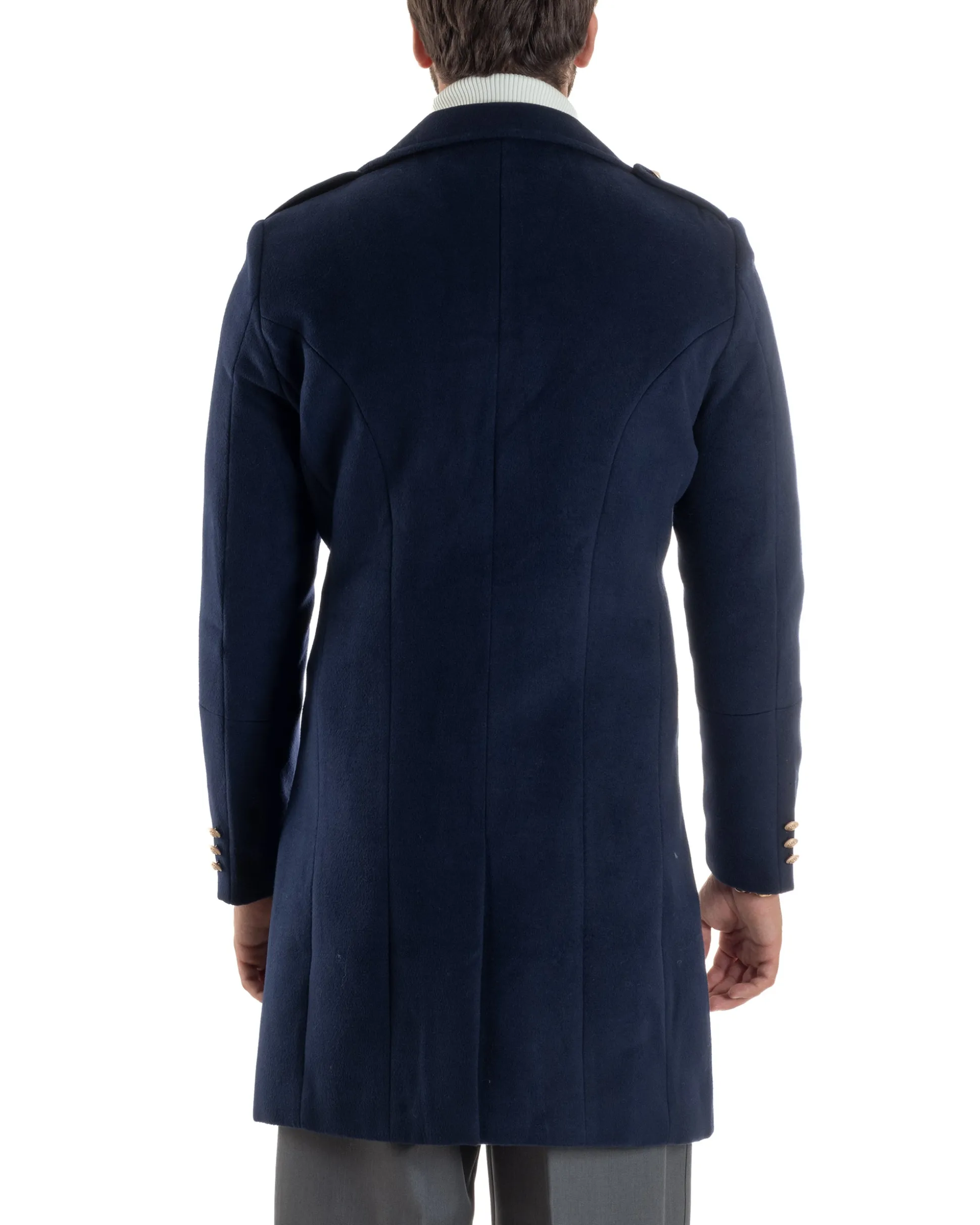 Cappotto Uomo Doppiopetto Lungo Revers A Lancia Tessuto Panno Bottoni Oro Blu CO1081A