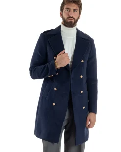 Cappotto Uomo Doppiopetto Lungo Revers A Lancia Tessuto Panno Bottoni Oro Blu CO1081A