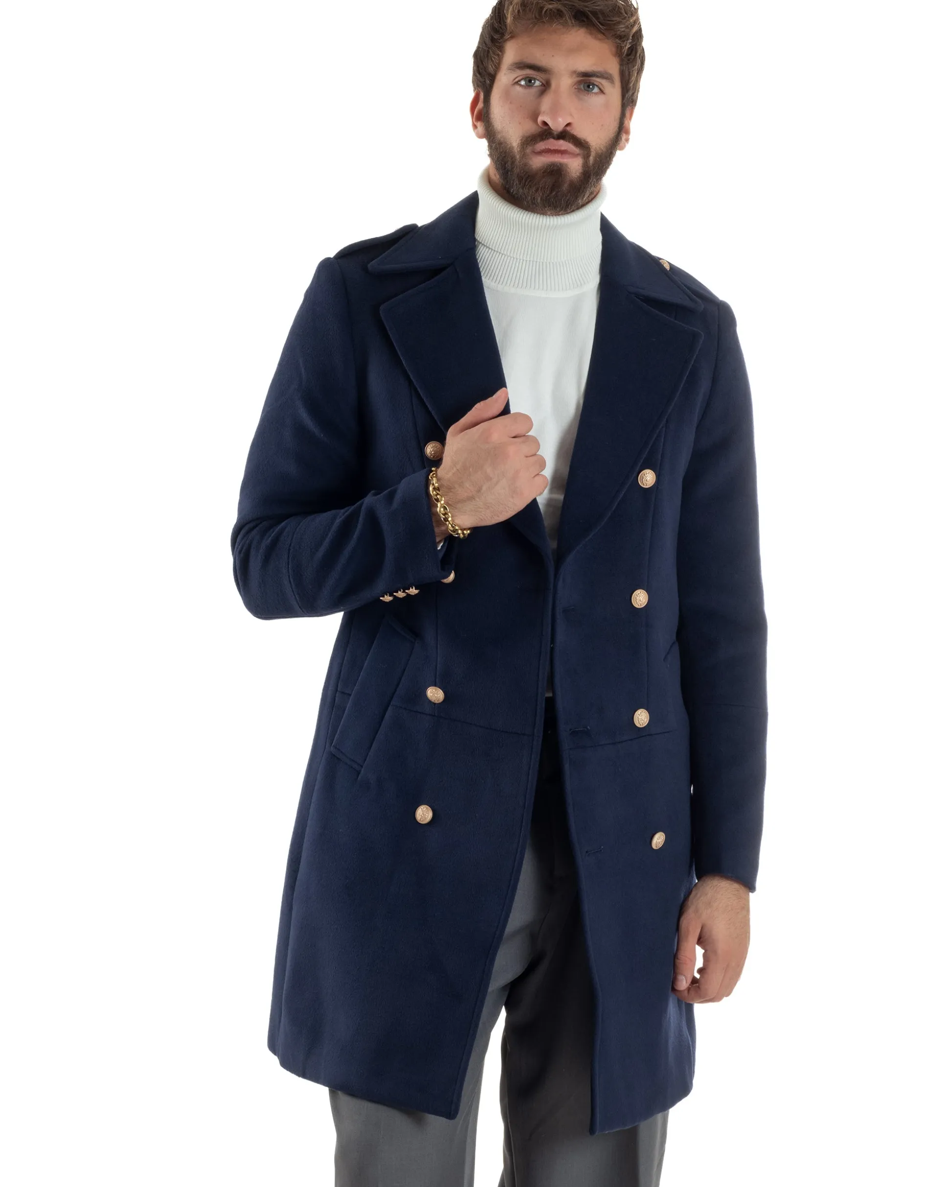 Cappotto Uomo Doppiopetto Lungo Revers A Lancia Tessuto Panno Bottoni Oro Blu CO1081A