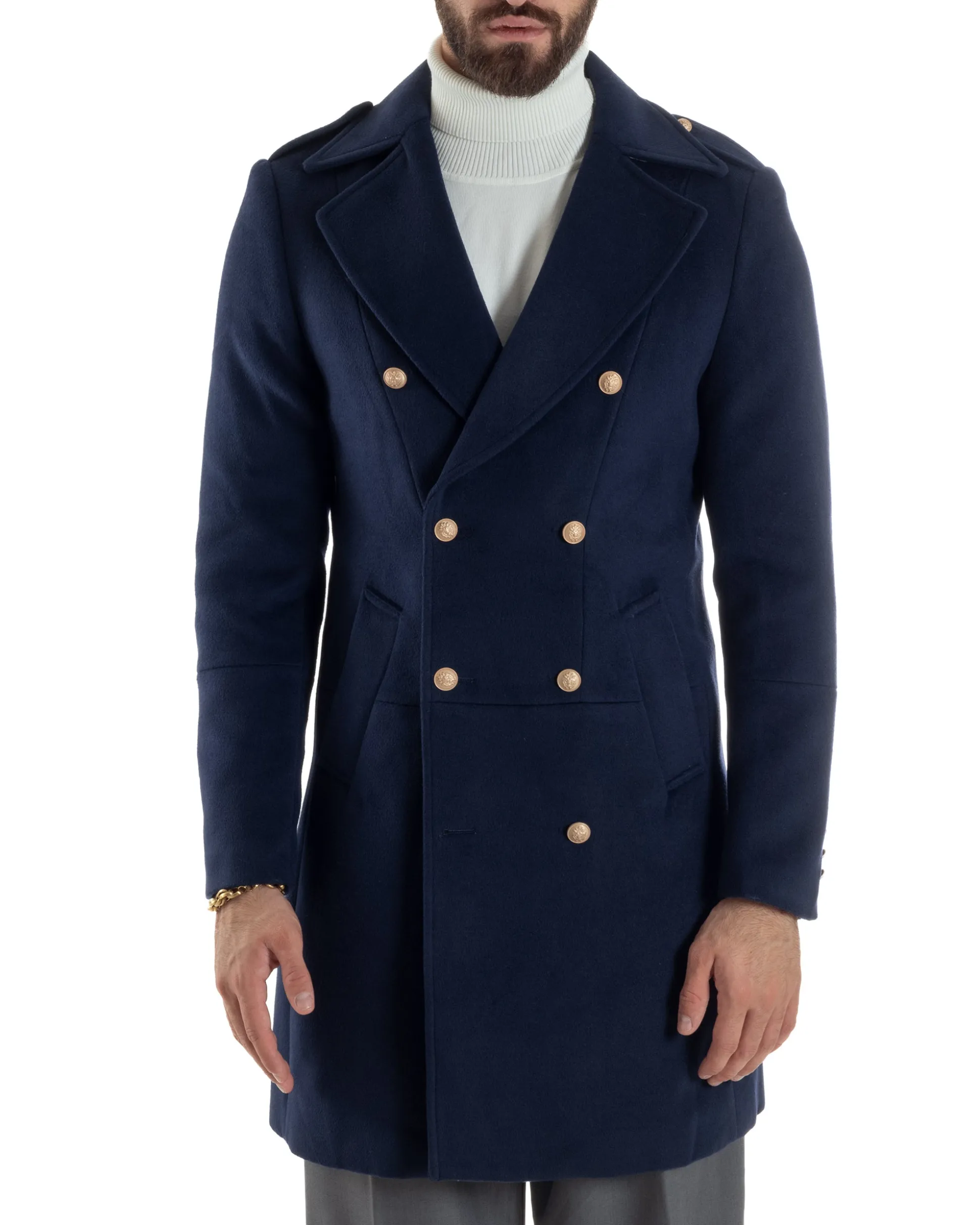 Cappotto Uomo Doppiopetto Lungo Revers A Lancia Tessuto Panno Bottoni Oro Blu CO1081A