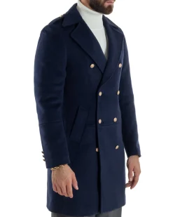 Cappotto Uomo Doppiopetto Lungo Revers A Lancia Tessuto Panno Bottoni Oro Blu CO1081A