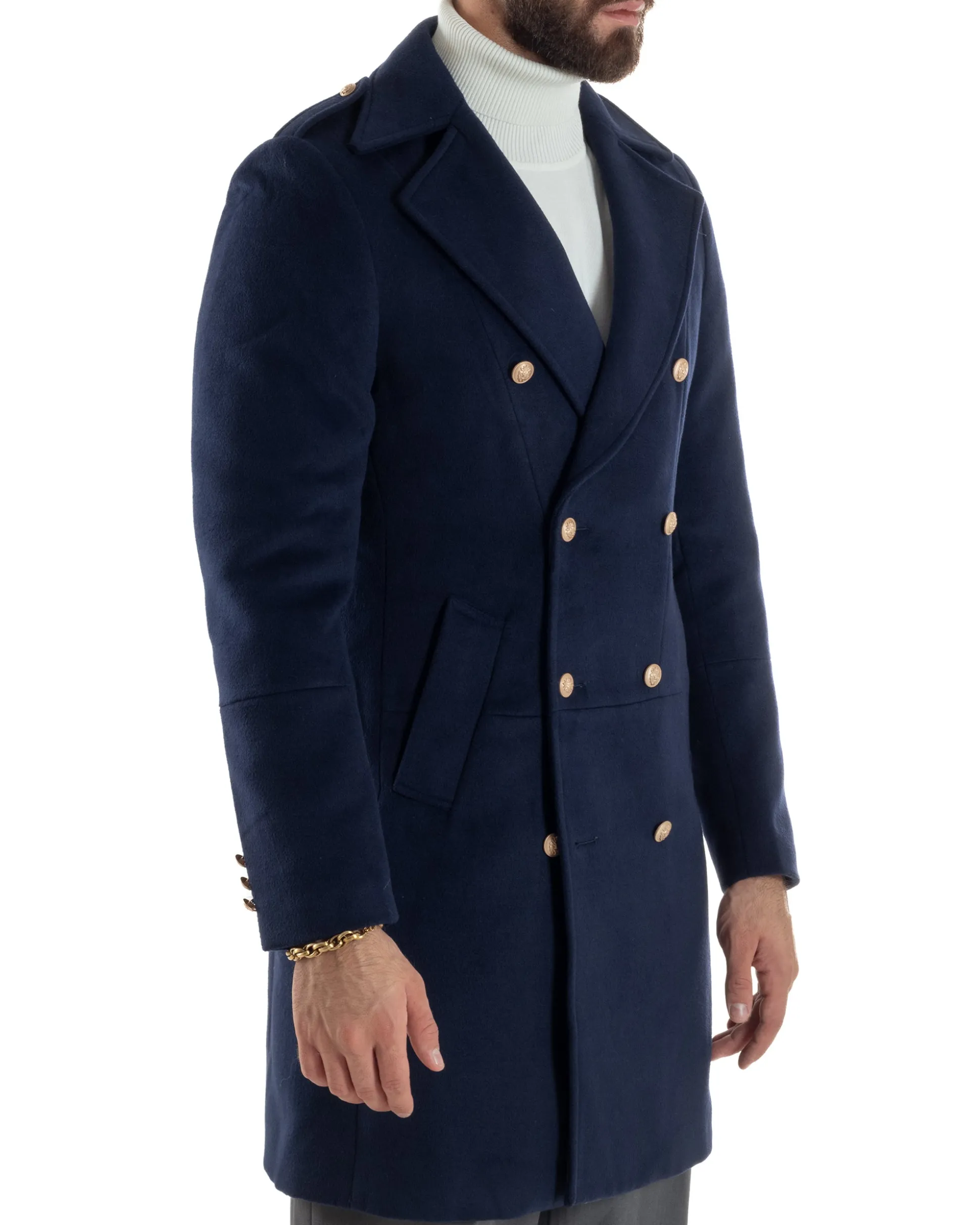 Cappotto Uomo Doppiopetto Lungo Revers A Lancia Tessuto Panno Bottoni Oro Blu CO1081A