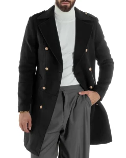 Cappotto Uomo Doppiopetto Lungo Revers A Lancia Tessuto Panno Bottoni Oro Nero CO1079A