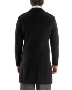 Cappotto Uomo Doppiopetto Lungo Revers A Lancia Tessuto Panno Bottoni Oro Nero CO1079A