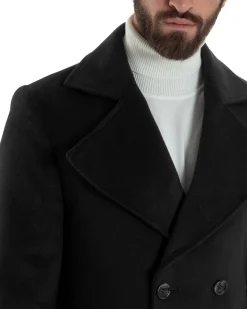 Cappotto Uomo Doppiopetto Lungo Revers A Lancia Tessuto Panno Tinta Unita Nero CO1085A