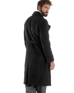 Cappotto Uomo Doppiopetto Lungo Revers A Lancia Tessuto Panno Tinta Unita Nero CO1085A