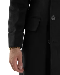 Cappotto Uomo Doppiopetto Lungo Revers A Lancia Tessuto Panno Tinta Unita Nero CO1085A