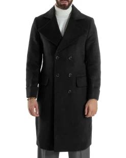 Cappotto Uomo Doppiopetto Lungo Revers A Lancia Tessuto Panno Tinta Unita Nero CO1085A