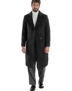 Cappotto Uomo Doppiopetto Lungo Revers A Lancia Tessuto Panno Tinta Unita Nero CO1085A