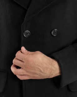 Cappotto Uomo Doppiopetto Lungo Revers A Lancia Tessuto Panno Tinta Unita Nero CO1085A