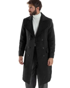 Cappotto Uomo Doppiopetto Lungo Revers A Lancia Tessuto Panno Tinta Unita Nero CO1085A