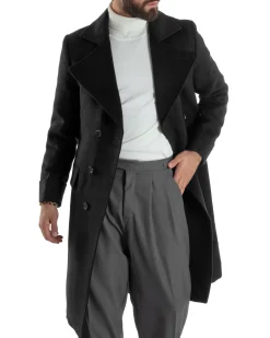 Cappotto Uomo Doppiopetto Lungo Revers A Lancia Tessuto Panno Tinta Unita Nero CO1085A