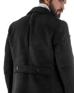 Cappotto Uomo Doppiopetto Lungo Revers A Lancia Tessuto Panno Tinta Unita Nero CO1085A