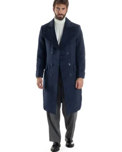 Cappotto Uomo Doppiopetto Lungo Revers A Lancia Tessuto Panno Tinta Unita Blu CO1087A