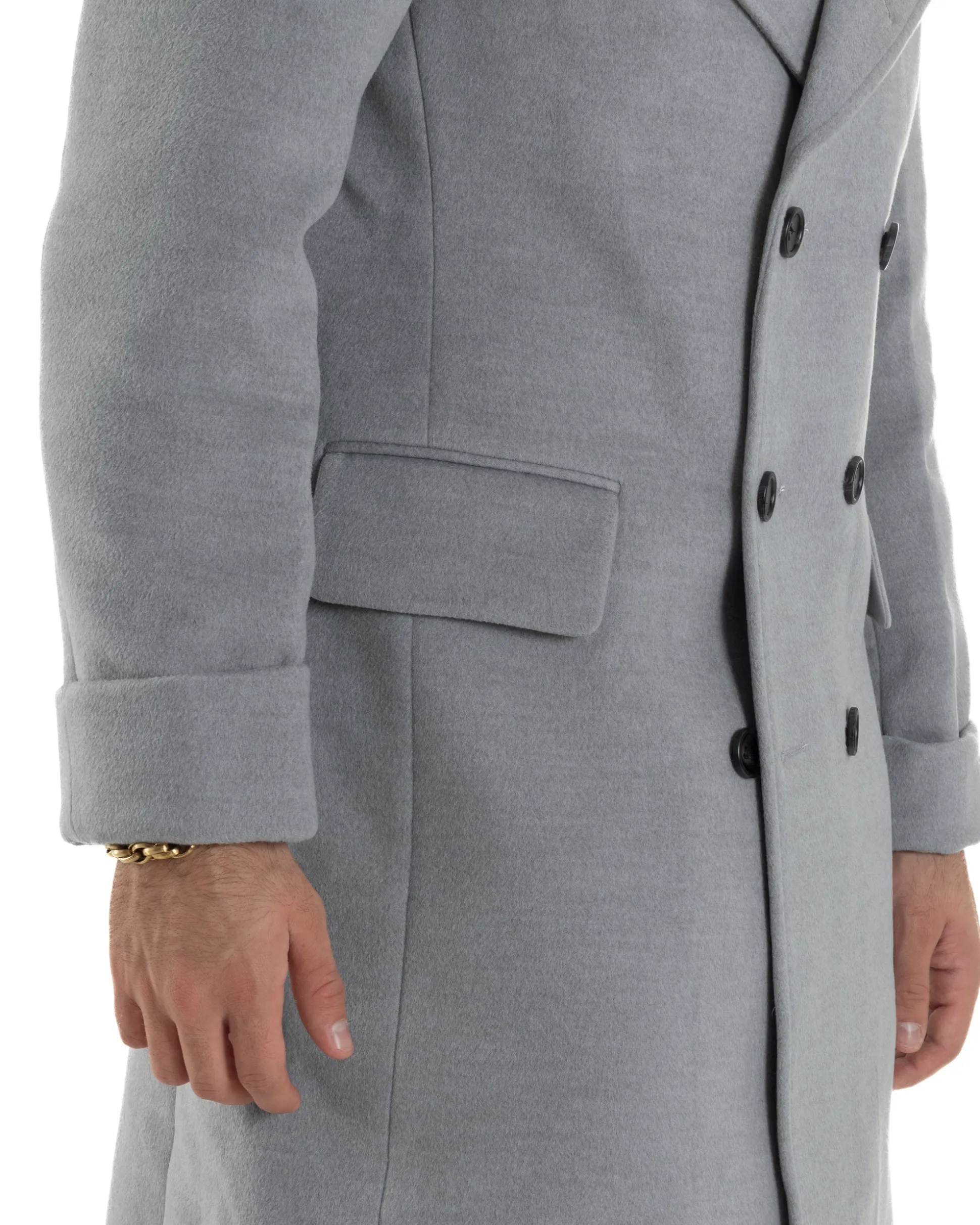 Cappotto Uomo Doppiopetto Lungo Revers A Lancia Tessuto Panno Tinta Unita Grigio CO1084A