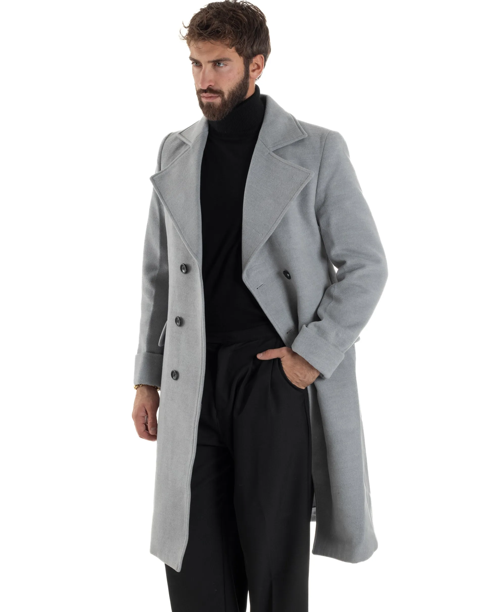 Cappotto Uomo Doppiopetto Lungo Revers A Lancia Tessuto Panno Tinta Unita Grigio CO1084A