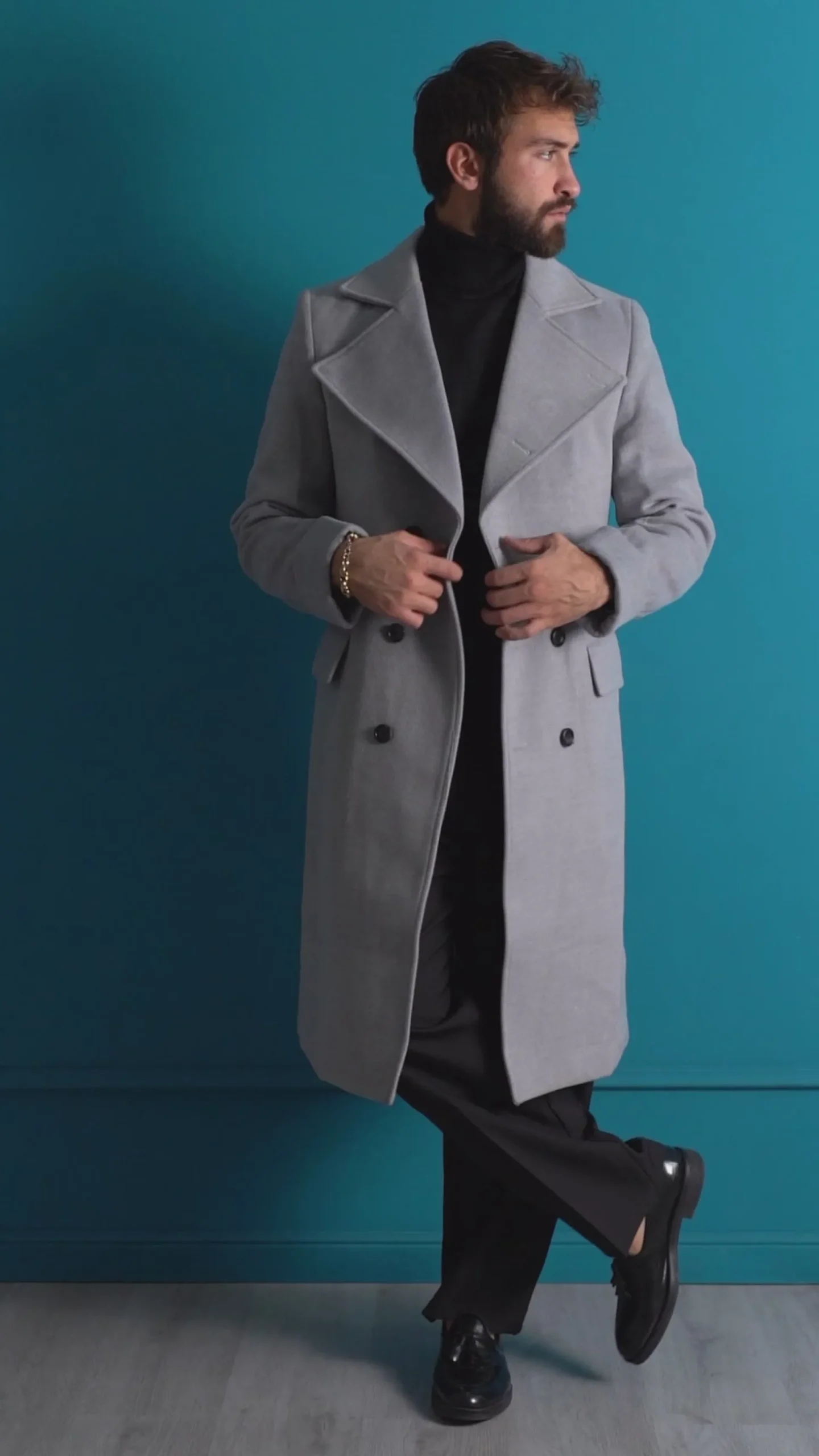 Cappotto Uomo Doppiopetto Lungo Revers A Lancia Tessuto Panno Tinta Unita Grigio CO1084A