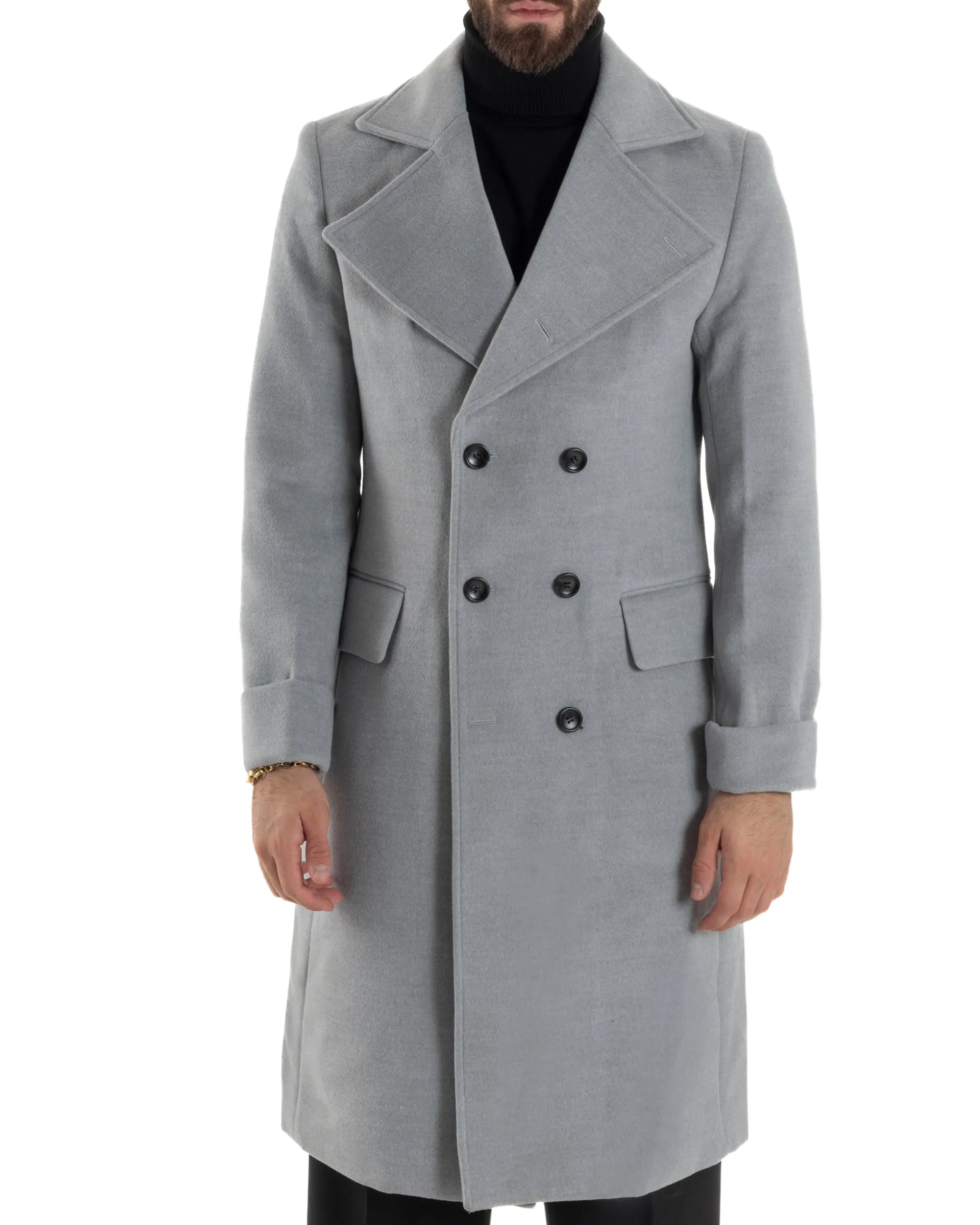 Cappotto Uomo Doppiopetto Lungo Revers A Lancia Tessuto Panno Tinta Unita Grigio CO1084A