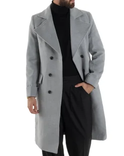 Cappotto Uomo Doppiopetto Lungo Revers A Lancia Tessuto Panno Tinta Unita Grigio CO1084A
