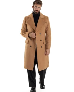 Cappotto Uomo Doppiopetto Lungo Revers A Lancia Tessuto Panno Tinta Unita Camel CO1086A