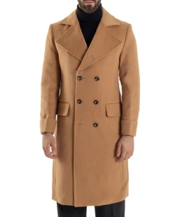Cappotto Uomo Doppiopetto Lungo Revers A Lancia Tessuto Panno Tinta Unita Camel CO1086A