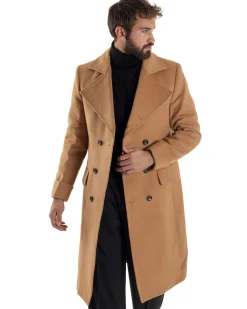 Cappotto Uomo Doppiopetto Lungo Revers A Lancia Tessuto Panno Tinta Unita Camel CO1086A