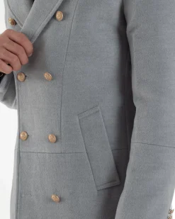 Cappotto Uomo Doppiopetto Lungo Revers A Lancia Tessuto Panno Bottoni Oro Grigio CO1078A