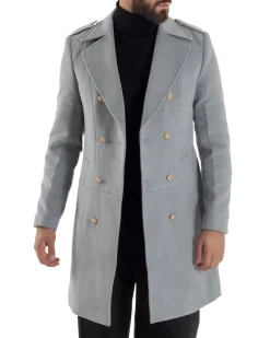 Cappotto Uomo Doppiopetto Lungo Revers A Lancia Tessuto Panno Bottoni Oro Grigio CO1078A