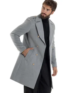 Cappotto Uomo Doppiopetto Lungo Revers A Lancia Tessuto Panno Bottoni Oro Grigio CO1078A