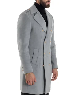 Cappotto Uomo Doppiopetto Lungo Revers A Lancia Tessuto Panno Bottoni Oro Grigio CO1078A
