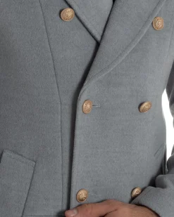 Cappotto Uomo Doppiopetto Lungo Revers A Lancia Tessuto Panno Bottoni Oro Grigio CO1078A