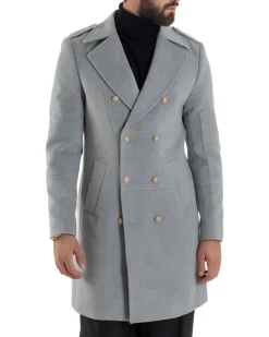 Cappotto Uomo Doppiopetto Lungo Revers A Lancia Tessuto Panno Bottoni Oro Grigio CO1078A