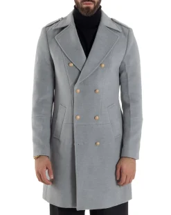 Cappotto Uomo Doppiopetto Lungo Revers A Lancia Tessuto Panno Bottoni Oro Grigio CO1078A