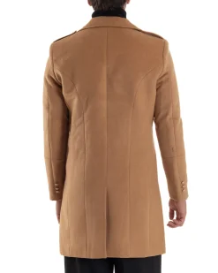 Cappotto Uomo Doppiopetto Lungo Revers A Lancia Tessuto Panno Bottoni Oro Camel CO1080A