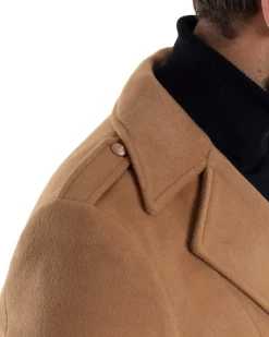 Cappotto Uomo Doppiopetto Lungo Revers A Lancia Tessuto Panno Bottoni Oro Camel CO1080A