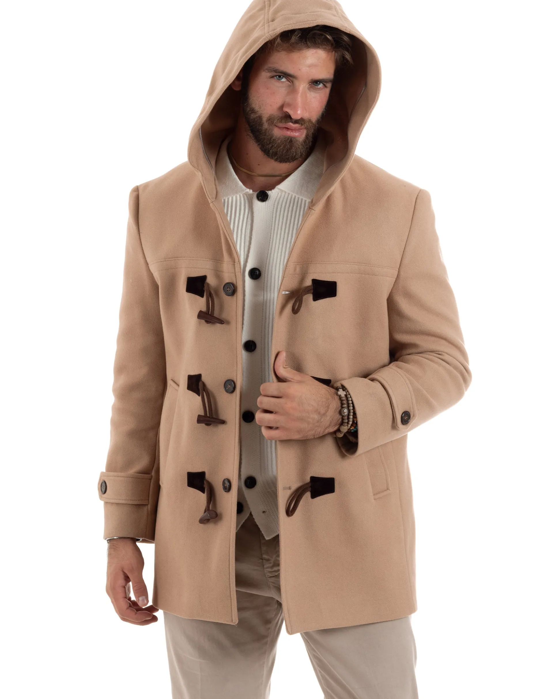 Cappotto Uomo Lana Montgomery Con Alamari E Cappuccio Camel CO1041A