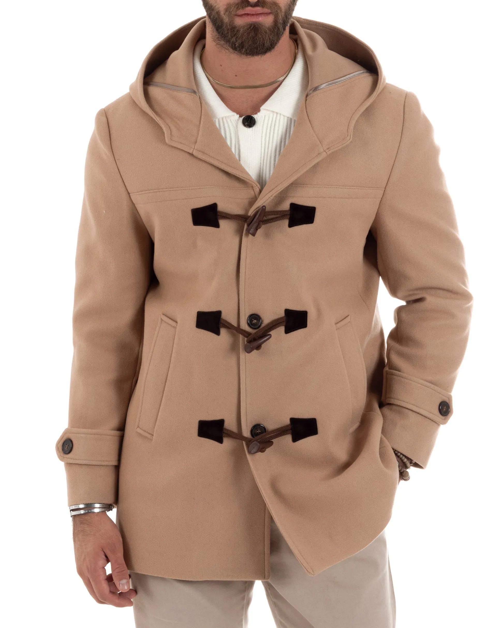 Cappotto Uomo Lana Montgomery Con Alamari E Cappuccio Camel CO1041A