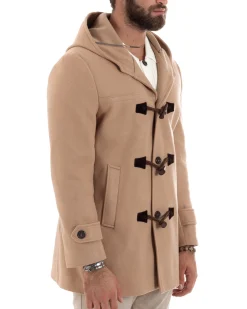 Cappotto Uomo Lana Montgomery Con Alamari E Cappuccio Camel CO1041A