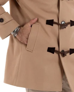 Cappotto Uomo Lana Montgomery Con Alamari E Cappuccio Camel CO1041A